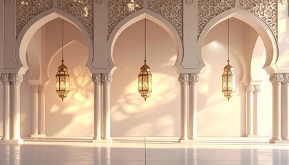 Serene Islamic archways with ornate lanterns in a luxurious, softly lit, 3D rendered, architectural interior with intricate patterns and reflections