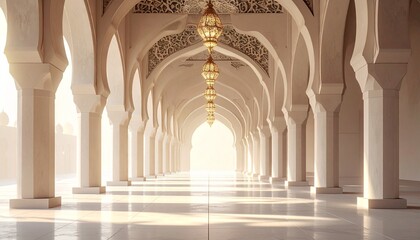 Serene Islamic mosque corridor with arches, pillars, and ornate lanterns, showcasing intricate details and soft lighting, in a 3D rendered artistic style, conveying spirituality and tranquil