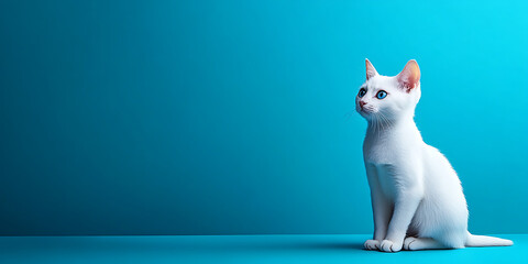 Beautiful white domestic cat with blue eyes sitting on blue background looking up, minimalist pet portrait, studio photography, cute feline animal, copy space.

