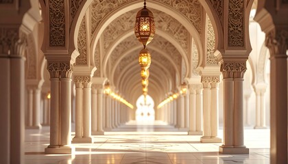 Majestic arched hallway with ornate columns and lanterns in a serene Islamic mosque interior, tranquil atmosphere, 3D rendering, architectural masterpiece, symmetrical composition, soft ligh