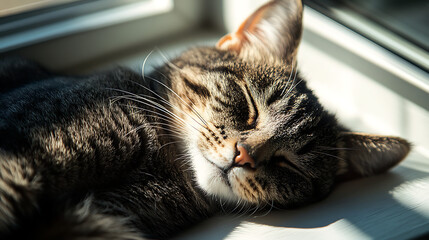 Cute tabby cat sleeping in sunlight, sunbathing with closed eyes, cozy warm home, relaxing pet photography closeup, happy domestic feline.

