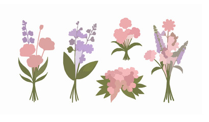 Garden and wild flower bouquet set flat vector illustration on white background