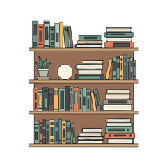 A cartoon bookshelf filled with books, a clock, and a potted plant