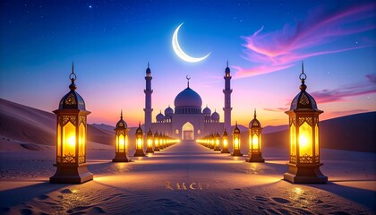 Serene mosque at dusk with lanterns, crescent moon, and artistic desert landscape, showcasing Islamic architecture in a peaceful ambiance.