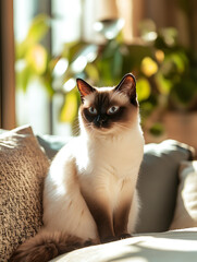 Full body Siamese cat front portrait, bright blue eyes, isolated on grey background, minimalist pet photography, elegant purebred domestic feline.

