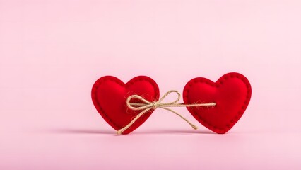 Two vibrant red hearts gently tied together with rustic twine on a soft pink background