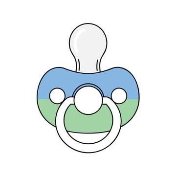 An illustration of a pacifier, with a pastel blue and green shield, and a white teet