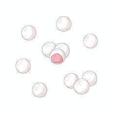 Cartoon of mochi dessert, pink filling revealed, isolated on white