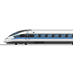 A sleek, modern passenger train in a side view, set against a stark white backdrop