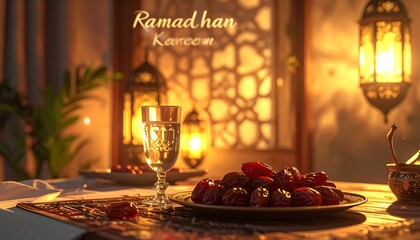 Warm and cozy Ramadan Kareem dinner table setting with dates, lanterns, and Islamic calligraphy in a traditional, elegant, softly lit, ambient atmosphere.