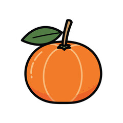 Cartoon orange with a stem and leaf, outlined with black and colored in