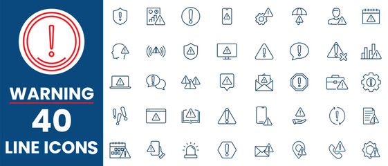 Warning line icon set. Contains icons related to alert, caution, danger, error, notification, and safety. Linear icon collection. Editable stroke vector illustration.