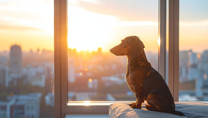 Dachshund dog sitting by a large window looking at the urban city skyline during a golden hour sunset