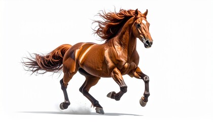 Majestic brown horse galloping with flowing mane in dynamic digital art style, isolated on white background, showcasing equestrian elegance and freedom.