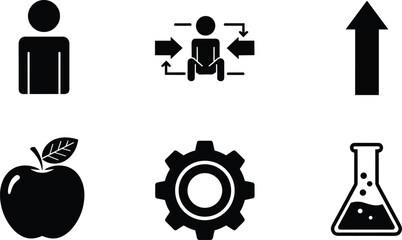 Black glyph icons set including human figure arrows apple gear and laboratory flask isolated on white background vector illustration