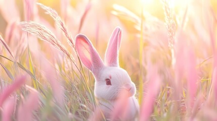 A small white bunny rabbit sits in soft pink tall grass during golden hour