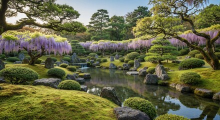 Fototapeta premium Lush serene japanese garden with purple wisteria trees, reflective pond, mossy hills, and sculpted evergreen bushes in vibrant spring bloom