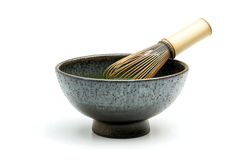 Traditional Japanese matcha bowl with bamboo whisk on white background
