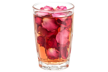 Rose petal tea in a clear glass cup on white background