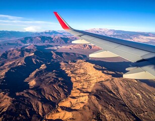 Aerial shot of an airplane wing over a rugged, desert landscape under a clear, blue sky