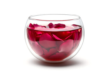Elegant glass of rose petal infused water on white background