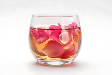Delicate rose petal infused tea in a clear glass cup on white background
