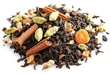 Assorted tea spices and dried fruits for flavorful hot beverage