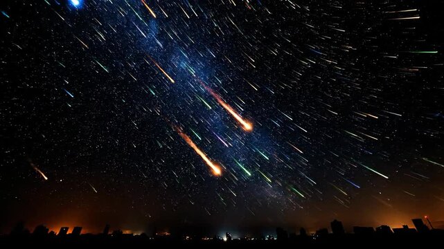 Spectacular meteor shower with vibrant streaks across a starry night sky over a dark horizon