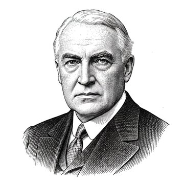 Black and white vintage engraving, close-up headshot portrait of Warren Gamaliel Harding, the famous historical 29th American US president of the United States, white background, greyscale