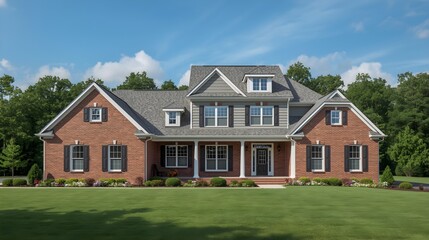 New residential architecture featuring a brick home exterior with a blue sky and green grass property in suburban, park, and woods settings