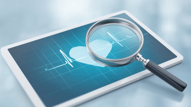 A magnifying glass on a digital tablet displaying a heart rate monitor, symbolizing health and technology advancements.