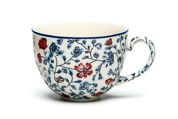 Beautiful floral teacup with red and blue flowers on white background