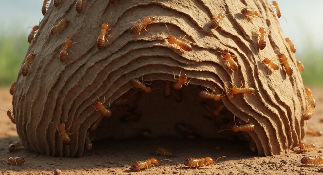 Numerous yellowish-brown termites actively crawling on an intricate ridged mud termite mound in a natural outdoor environment