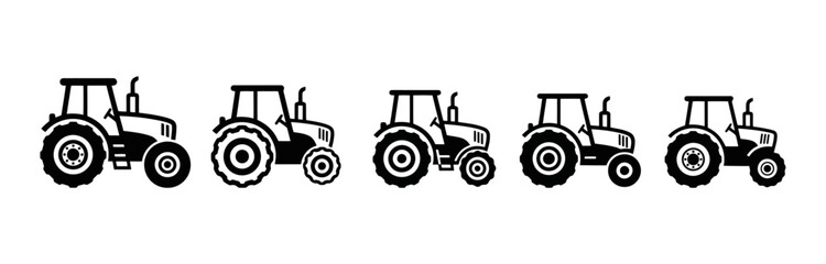 Obraz premium Five tractors in a row, varying in size, depicted as black and white icons.