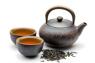 Traditional Japanese tea set with ceramic teapot and cups on white background
