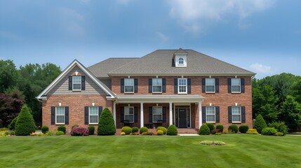 Obraz premium An old brick cottage residence featuring classic architecture and a garden lawn sits nestled between a green park and the woods under a clear sky