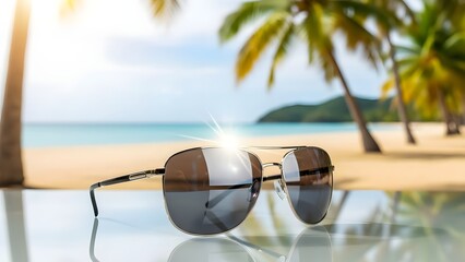 Sunglasses on a reflective surface with a tropical beach background.