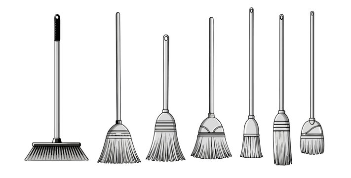 A collection of various brooms and brushes of different sizes and styles, arranged in a line.
