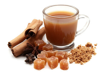 Warm spiced tea with cinnamon and brown sugar on white background