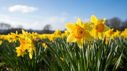 Yellow daffodils in a field on a sunny day transparent background