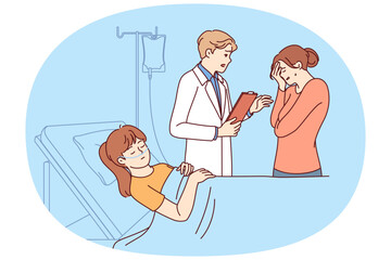 Hospitalized sick child lies unconscious on hospital bed, near crying mother and doctor. Hospitalized girl sleeps after surgery to remove malignant tumor performed using anesthesia