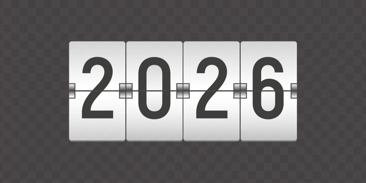 2026 flip clock display, split flap number tiles isolated on transparent background for new year countdown celebration and holiday promotion designs
