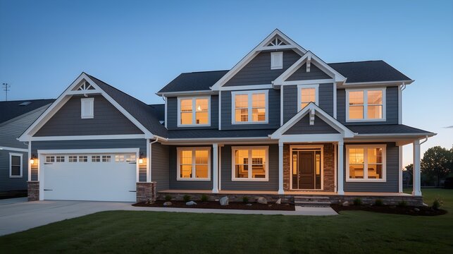 A new residential estate features a wood house in the woods and a brick house in the city with an old home architecture building standing in the middle under a blue sky - Powered by Adobe