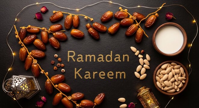 Ramadan kareem celebration flat lay with traditional dates, crunchy nuts, and glowing lanterns