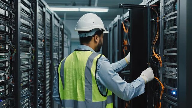 IT Technician Performing Maintenance on Server Rack in Modern Data Center - Cybersecurity, Network Infrastructure, and Digital Technology.
