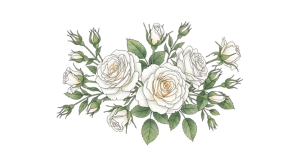 Delicate white roses illustration isolated on transparent background