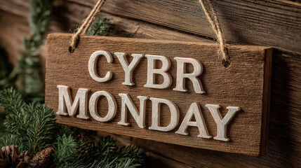 Holiday marketing banner with Cyber Monday sale sign and rustic wooden background