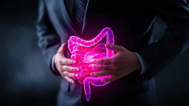 Detailed human digestive system anatomical illustration, vibrant pink luminescence, medical science, health and biology concept.