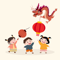 Cute illustration of children performing a traditional lion dance to celebrate Lunar New Year. Festive red tones, joyful expressions, and cultural celebration concept suitable for holiday, 
