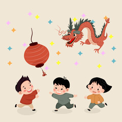 Colorful illustration of children joyfully playing with lanterns under a flying dragon during Lunar New Year. Expresses festive spirit, tradition, and happiness, suitable for holiday, kids, 